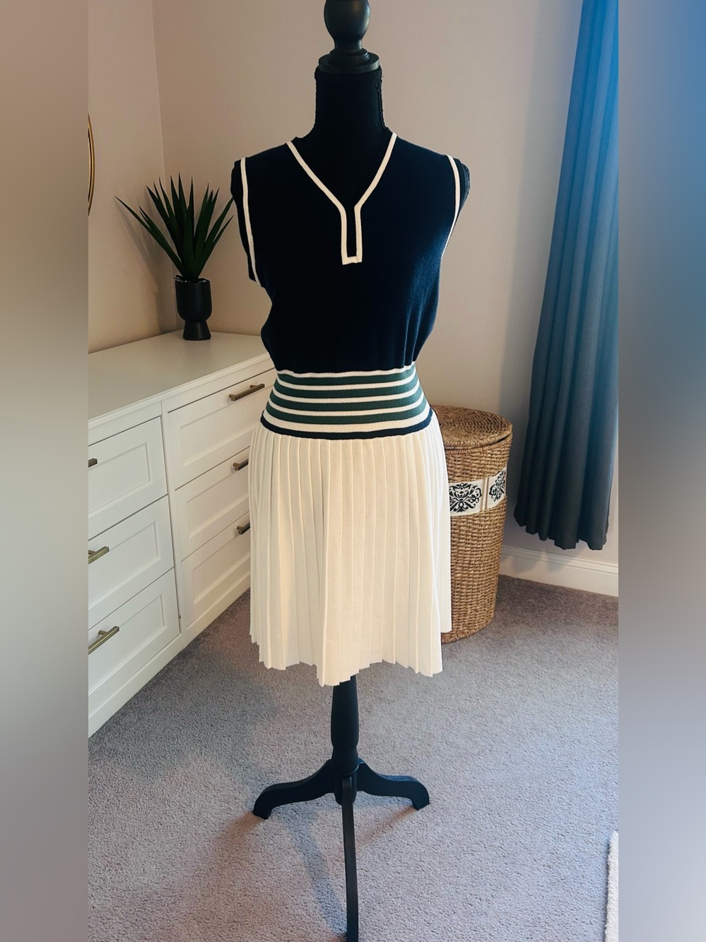 Striped-Waist White Pleated Skirt with Green Accents